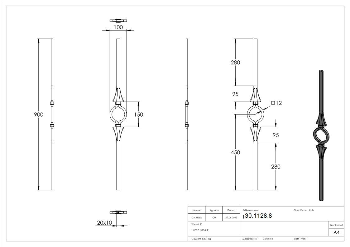 Zierstab - Laenge- 900 mm - Material- 20x12 mm gehaemmert - Stahl S235JR- roh-30-1128.8