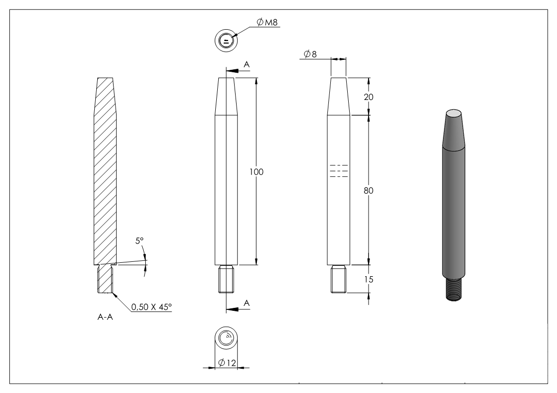 Stift | Maße: 100x12 mm | Gewinde: M8x15 mm | zum Anschweißen | V2A