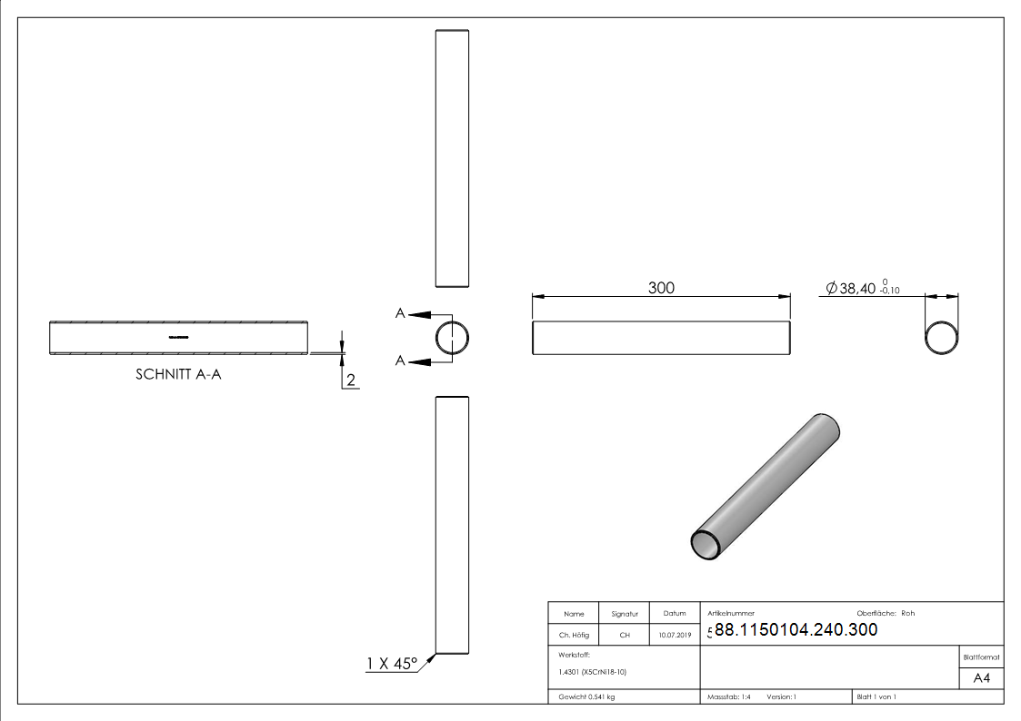 Verbindungsrohr V2A Ø 42-4 x 2-0 mm- 300 mm zum Stecken und Kleben-88-1150104-240.300
