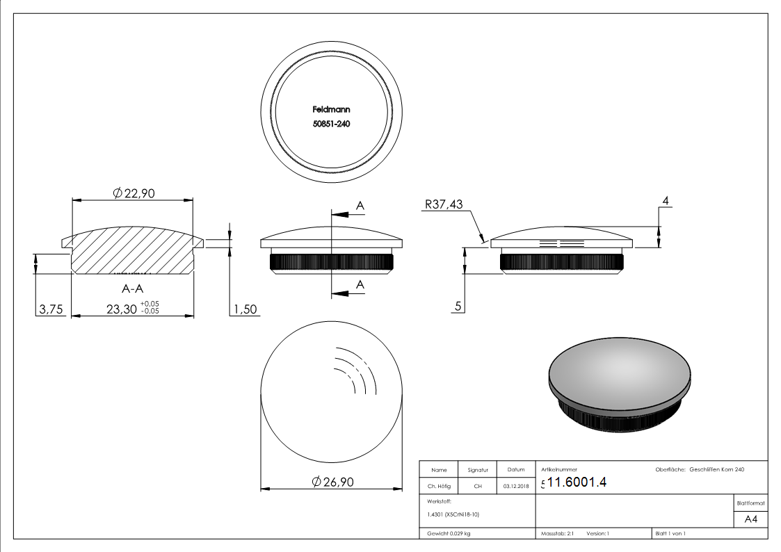 Stopfen leicht gewölbt V2A Vollmaterial für Ø 26,9x2,0 mm - dünne Ausführung