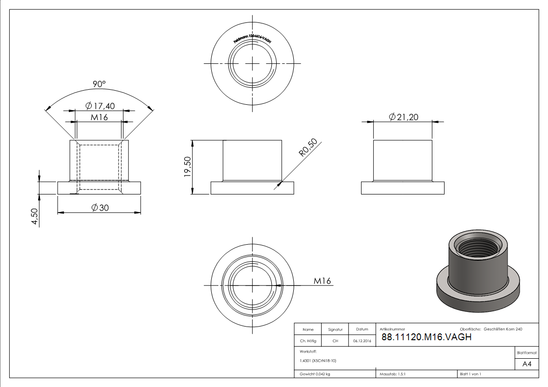 Gewindehülse VA zu 120-M16-VA