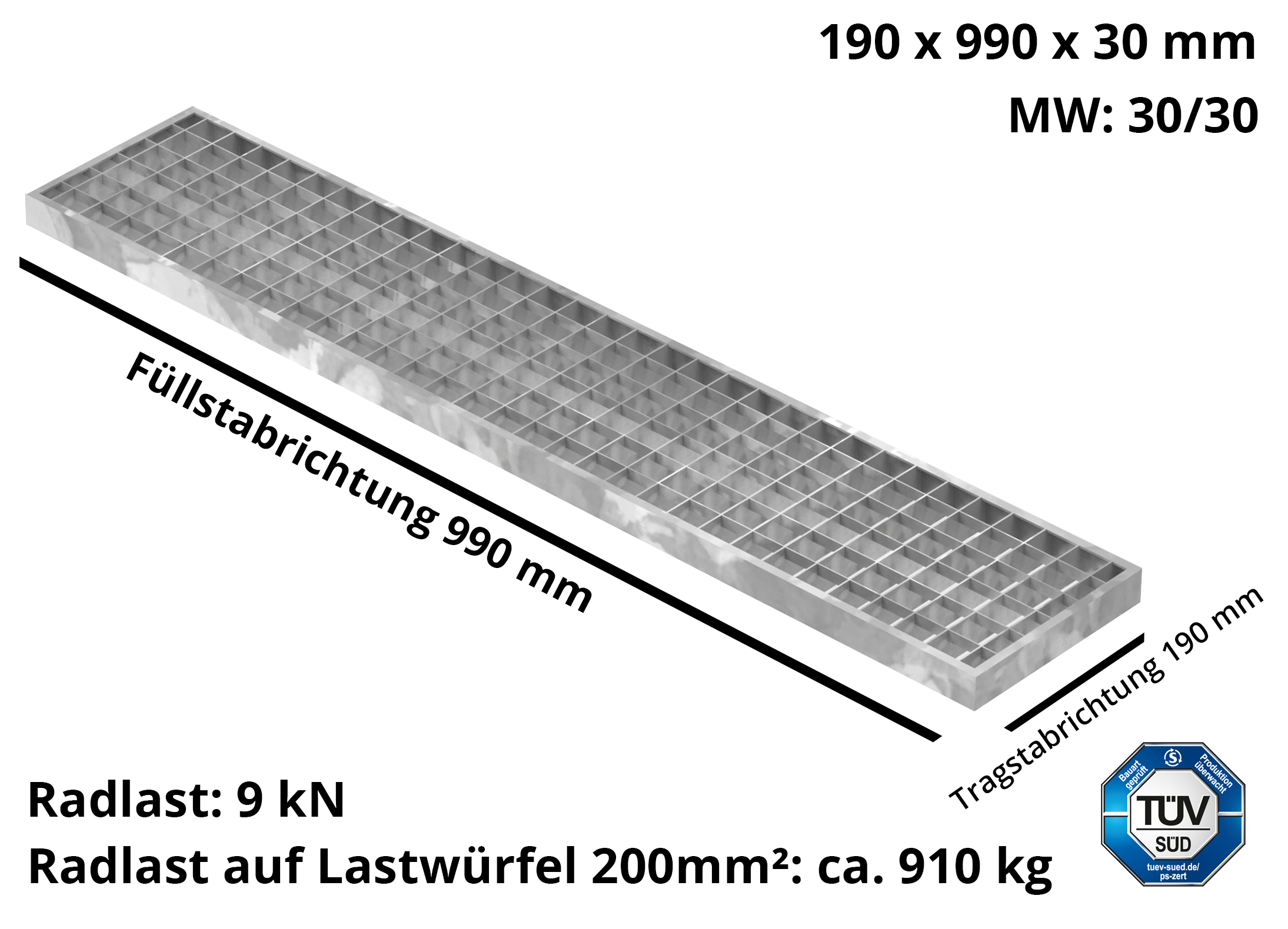 Garagen-Gitterrost | Maße:  190x990x30 mm 30/30 mm | aus S235JR (St37-2), im Vollbad feuerverzinkt