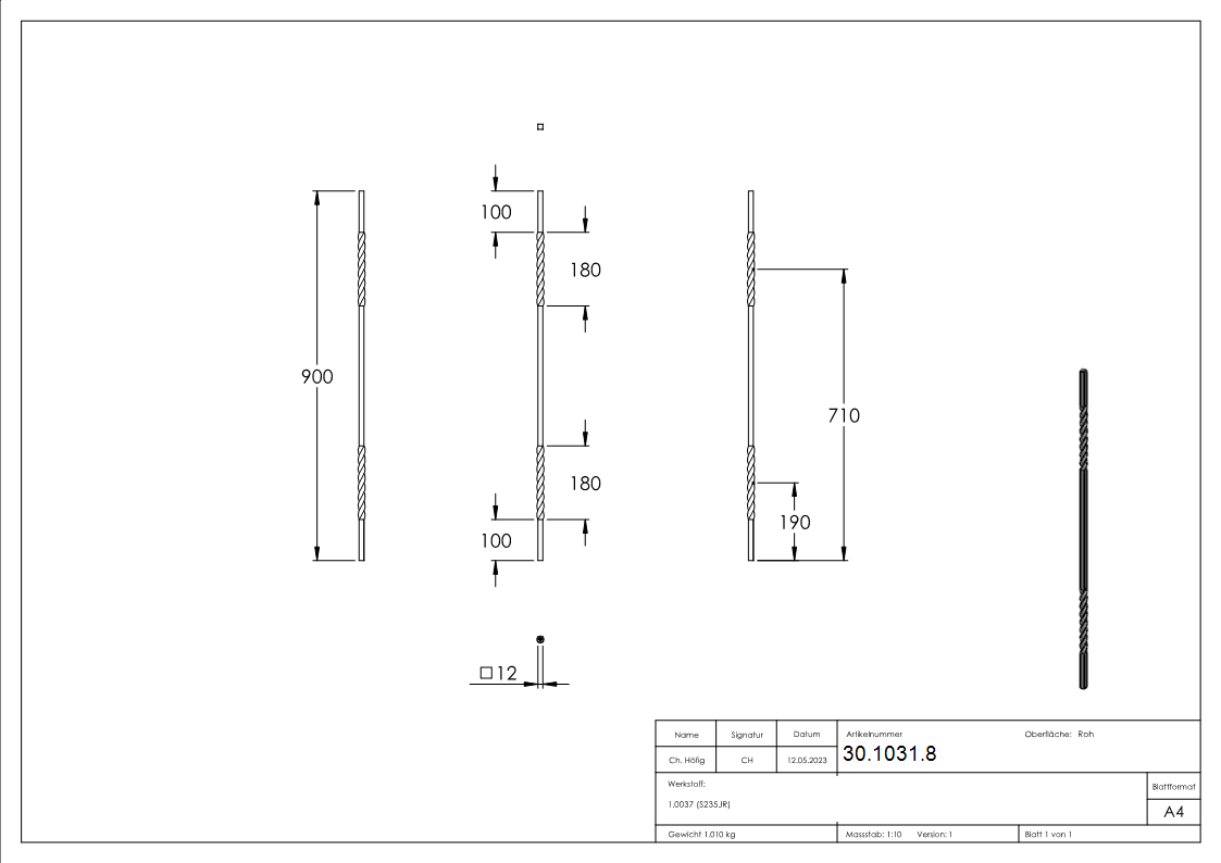 Zwischenstab | Länge: 900 mm | Material: 12x12 mm | glatt | Stahl S235JR, roh