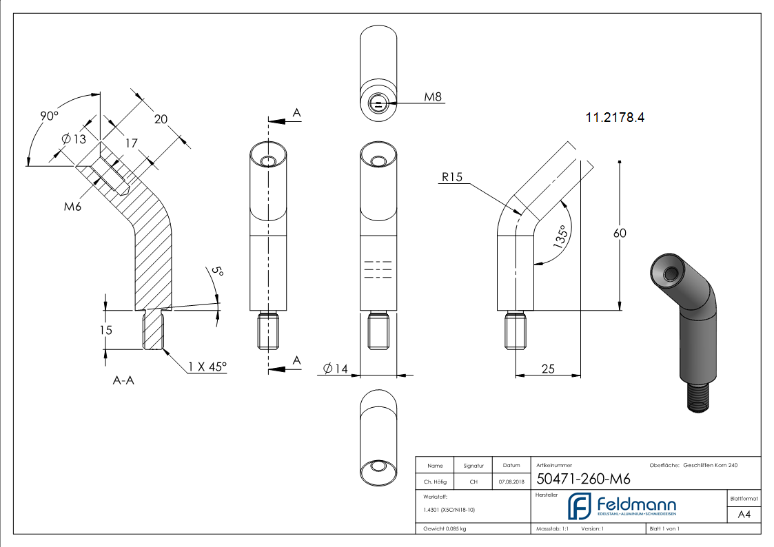 Stift | Maße: 60x14 mm | 135° gebogen | mit Außen - und Innengewinde | V2A