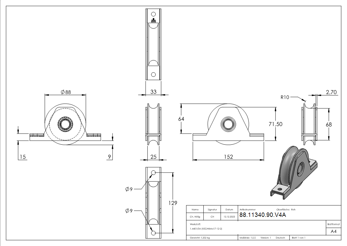 Schiebetorrolle Ø 90mm mit Rundrille Ø 20mm- V4A-88-11340-90.V4A