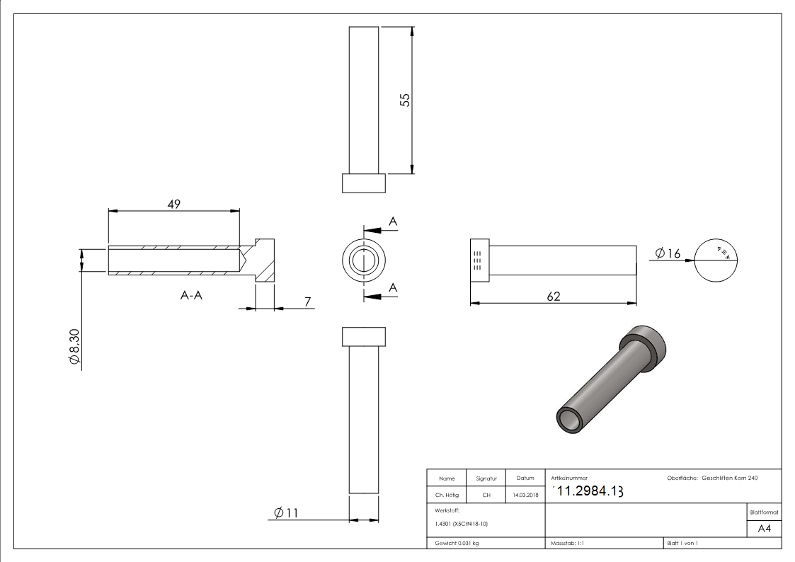 Linsenkopfterminal zum Selbstverpressen | für Seil Ø 8 mm | V2A