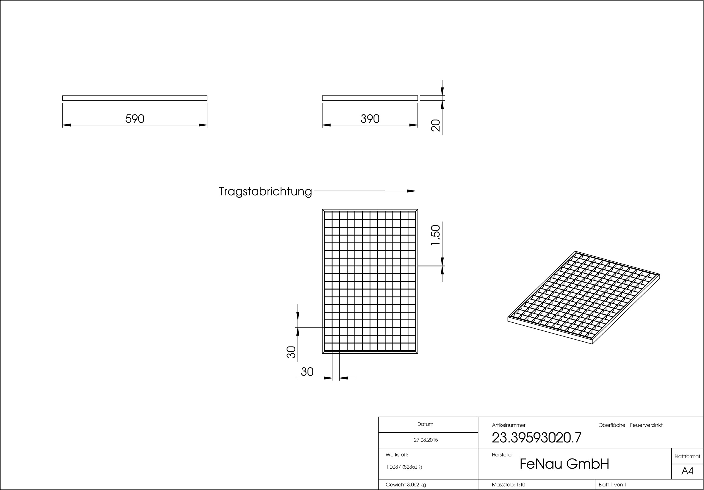 Lichtschachtrost Baunormrost | Maße:  390x590x20 mm 30/30 mm | aus S235JR (St37-2), im Vollbad feuerverzinkt