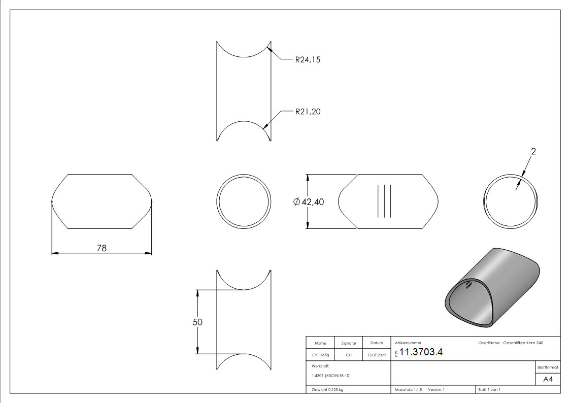 Rohrverbindungsstück | für Rundrohr: Ø 42,4 mm | V2A