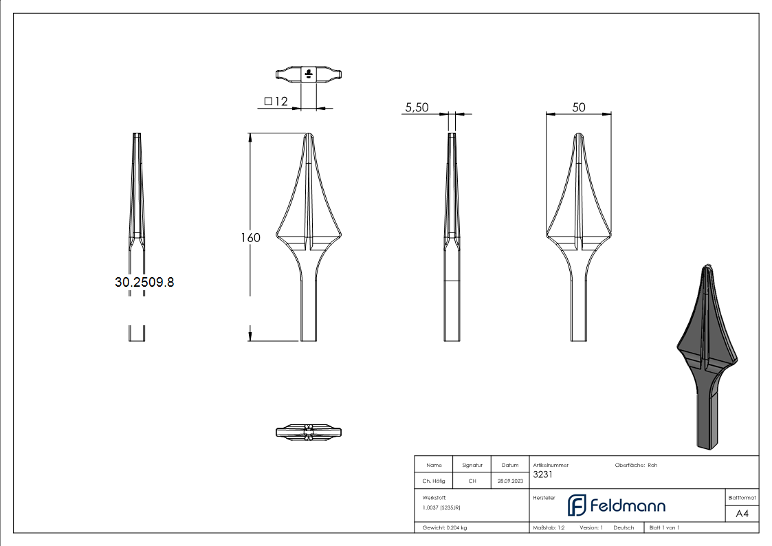 Zaunspitze 12x12 mm Hoehe 160 mm - Stahl S235JR- roh-30-2509.8