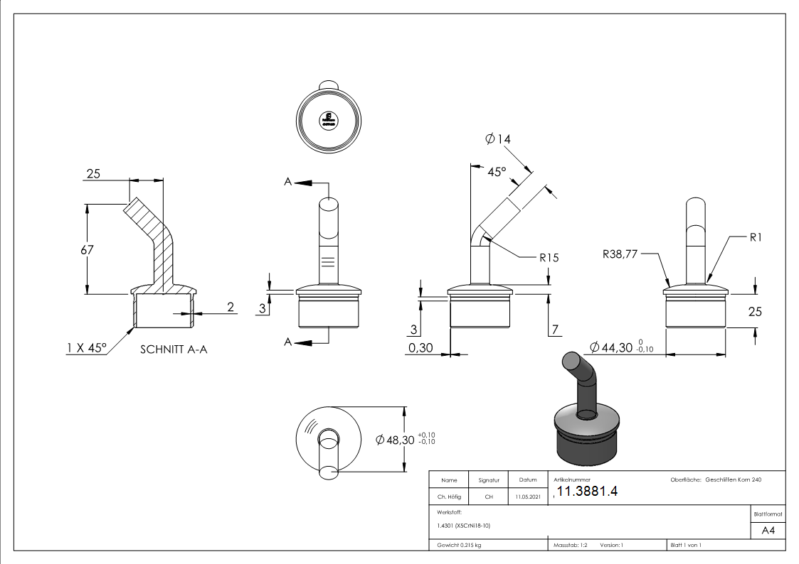 Handlaufstuetze aus einem Stueck 135° gebogen fuer Ø 4-11-3881.4