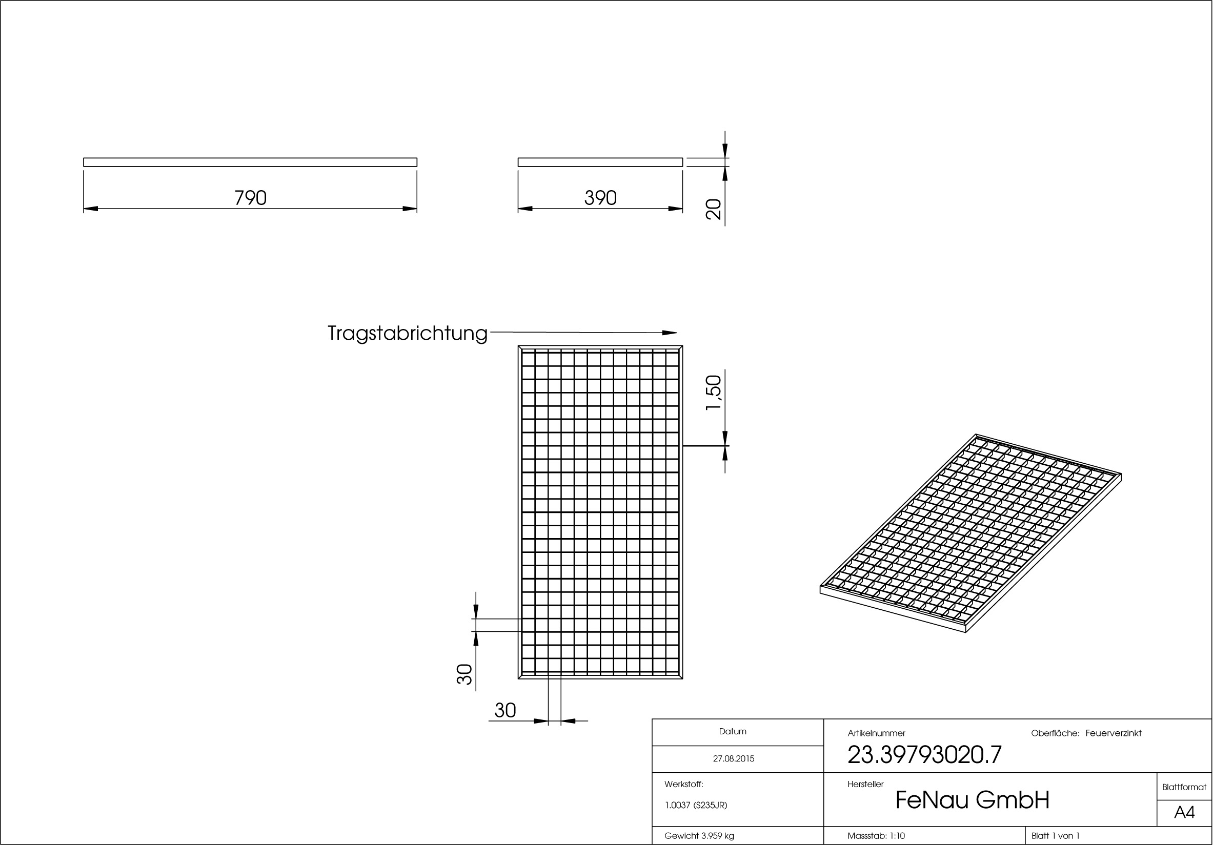 Lichtschachtrost Baunormrost | Maße:  390x790x20 mm 30/30 mm | aus S235JR (St37-2), im Vollbad feuerverzinkt