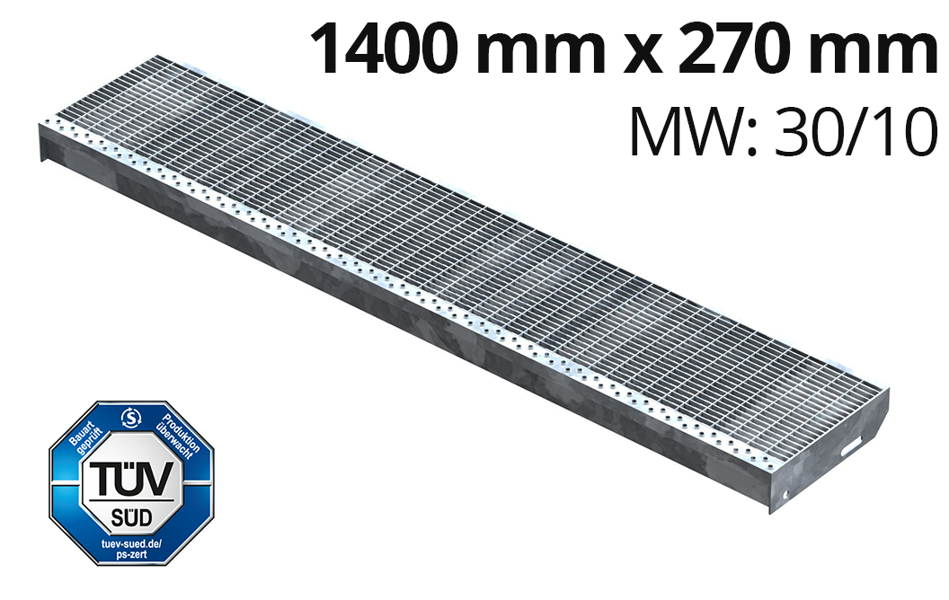 Gitterroststufe Treppenstufe Maße: 1400x270 mm 30/10 mm S235JR (St37-2), im Vollbad feuerverzinkt