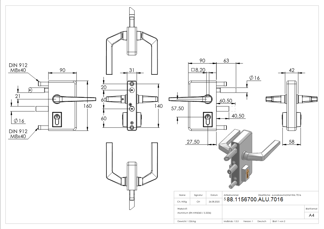 Gittertorschloss GTS 2 fuer Rohrstaerke 40-60mm- montagefertiges Set- anthrazitgrau-88-1156700-ALU.7016