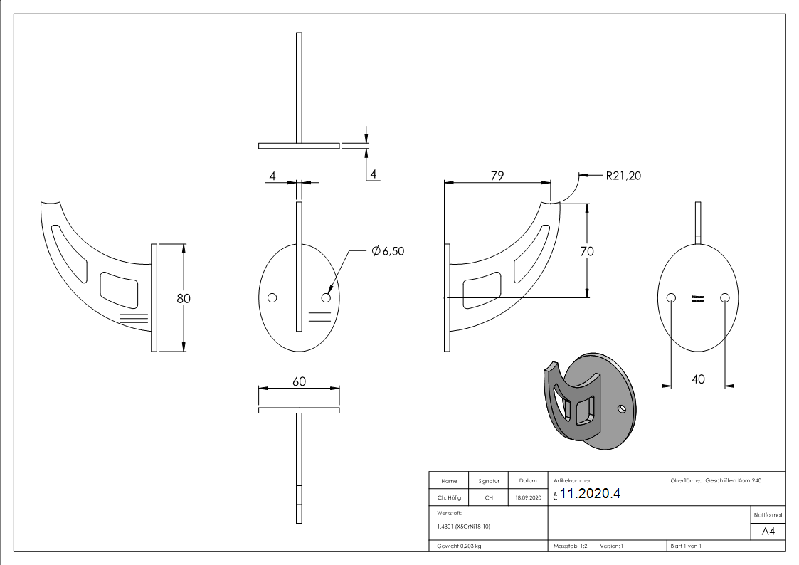 Handlaufschwert mit Ronde Ø 80 mm fuer Rohr Ø 42-4 mm V2A-11-2020.4