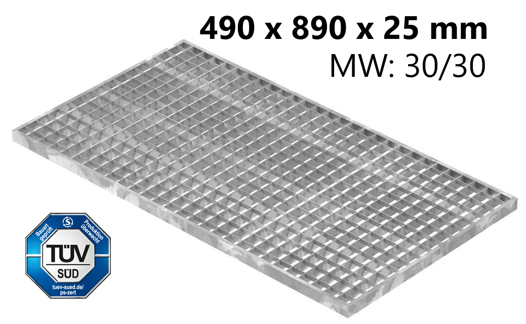 Lichtschachtrost Baunormrost | Maße:  490x890x25 mm 30/30 mm | aus S235JR (St37-2), im Vollbad feuerverzinkt