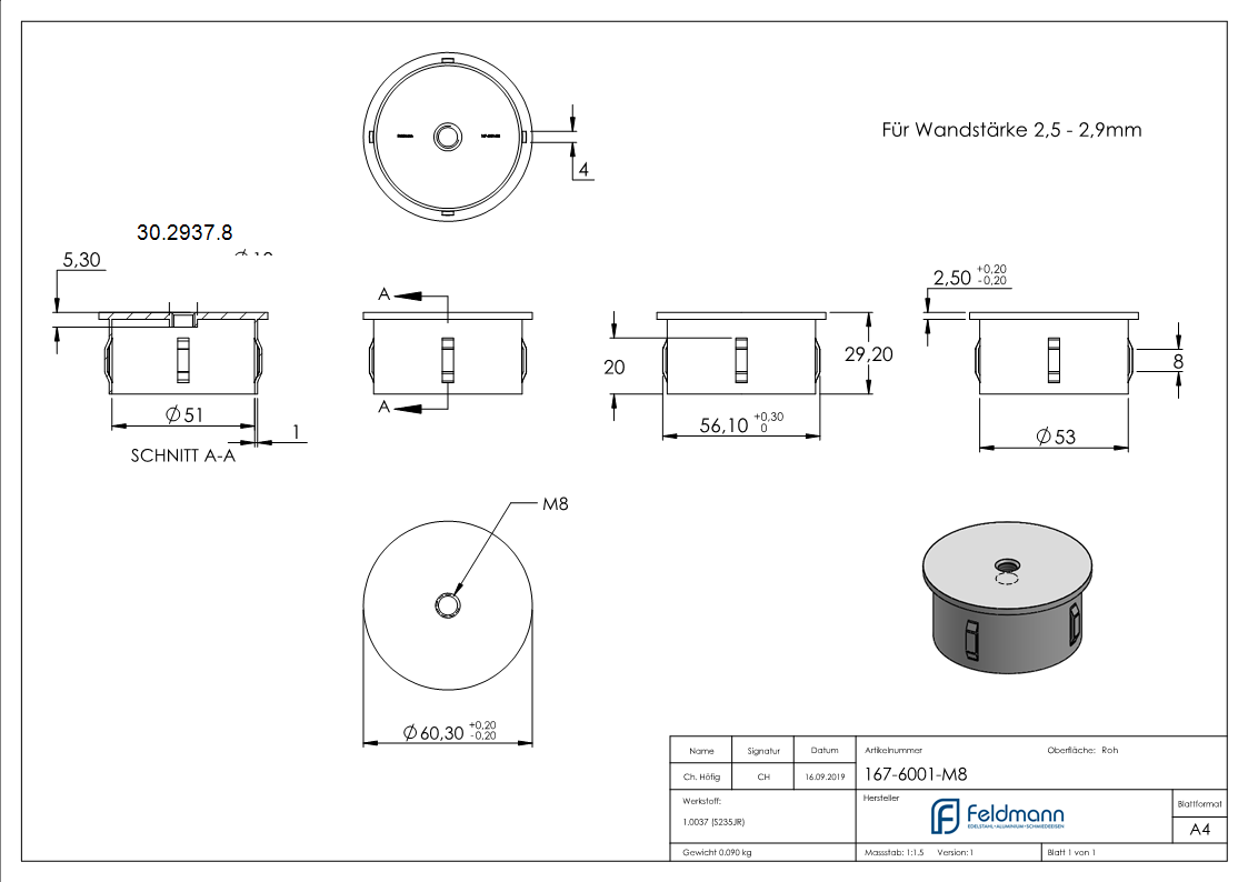 Stahlstopfen flach | mit M8 | für Rundrohr Ø 60,3x2,5-2,9 mm | Stahl S235JR, roh