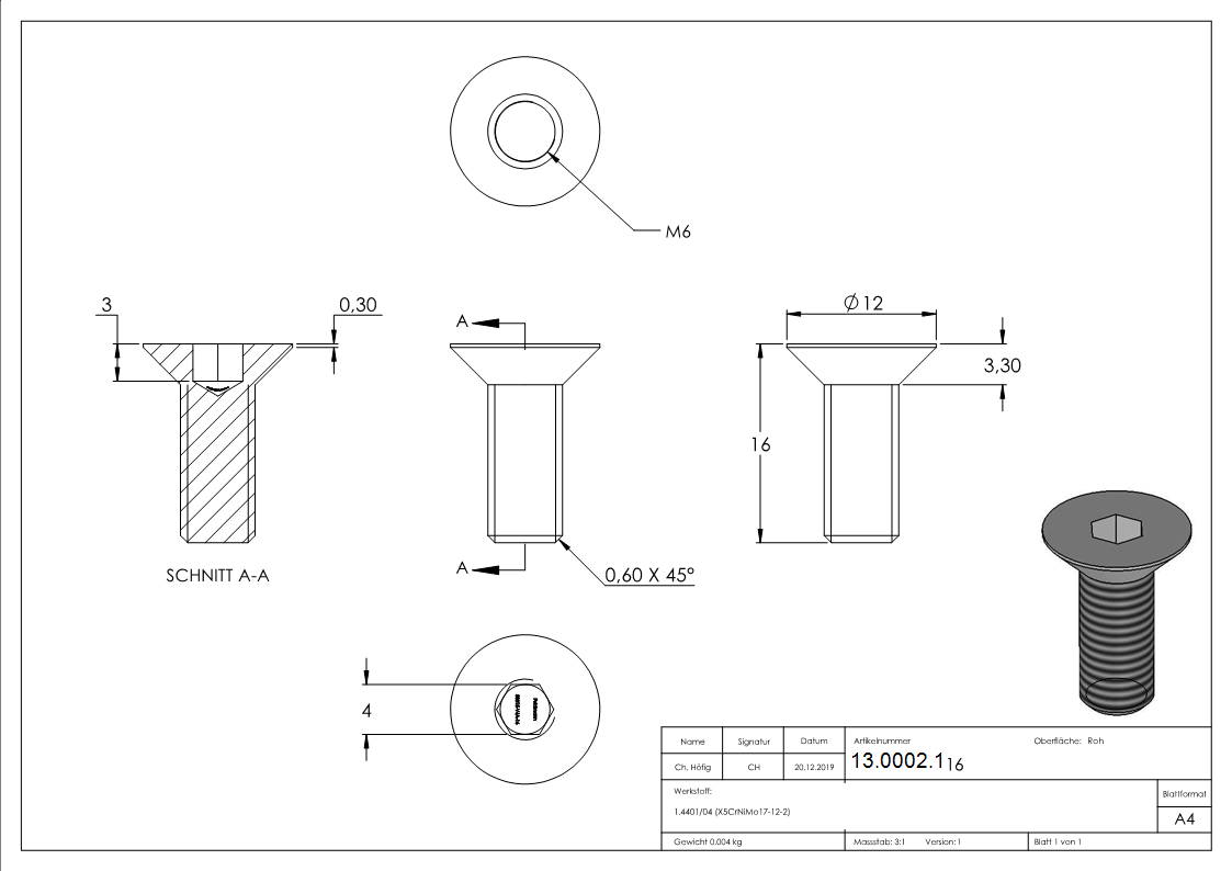 Senkkopfschraube V4A M6x16 Innensechskant ISO 10642-13-0002.1