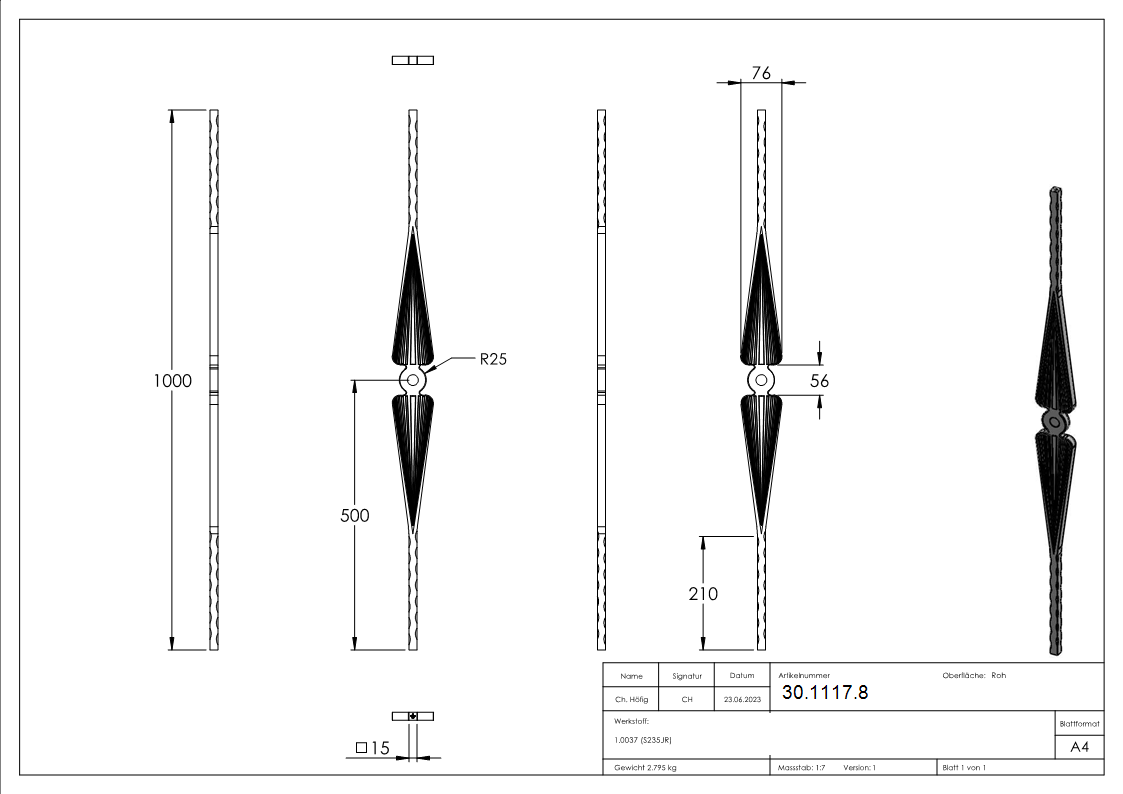 Zierstab | Länge: 900 mm | Material: 15x15 mm gehämmert | Stahl S235JR, roh