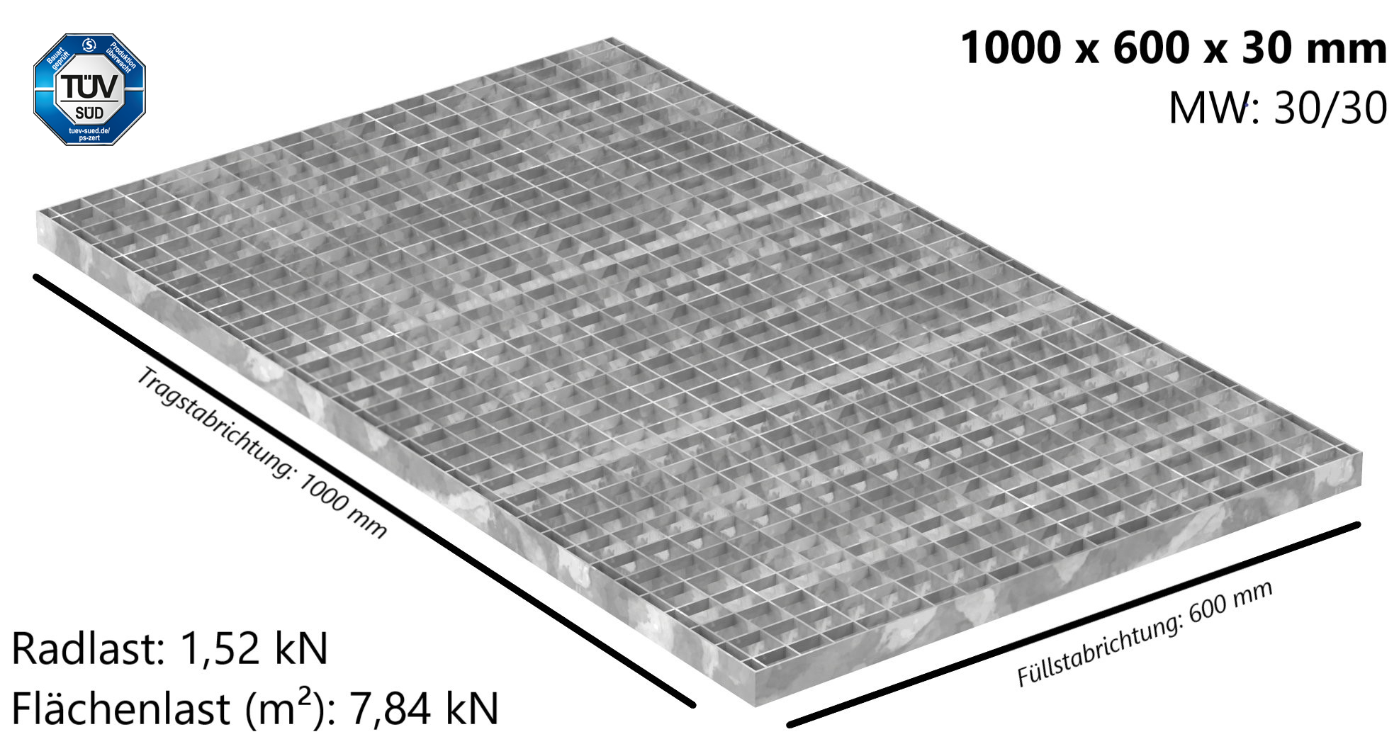 Industrie-Gitterrost | Maße: 1000x600x30 mm; MW 30/30 mm; 30/2 mm | S235JR (St37-2), im Vollbad feuerverzinkt