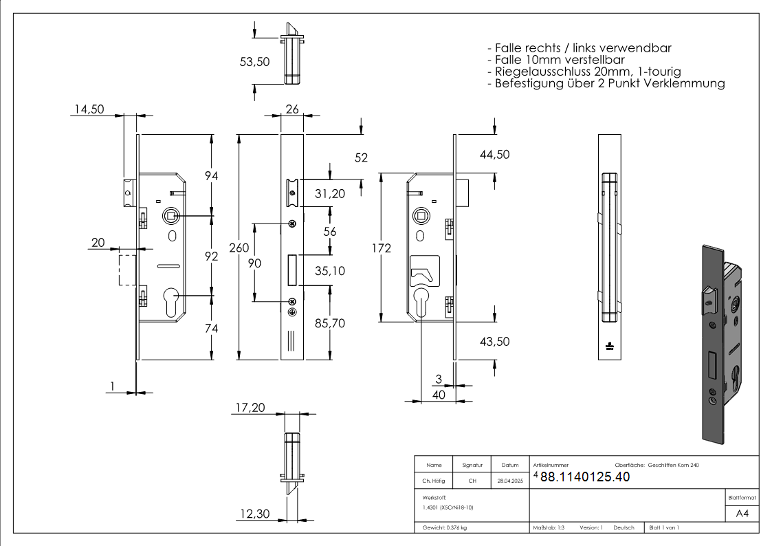 Rohrrahmenschloss verzinkt- Abstand 92 mm verzinkt- Dornmass 40mm-88-1140125.40