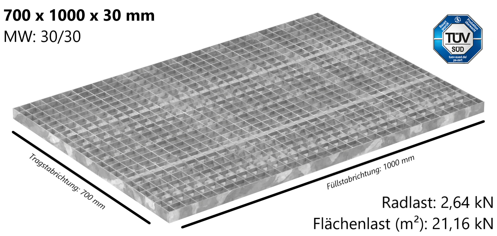 Industrie-Gitterrost | Maße: 700x1000x30 mm; MW 30/30 mm; 30/2 mm | S235JR (St37-2), im Vollbad feuerverzinkt