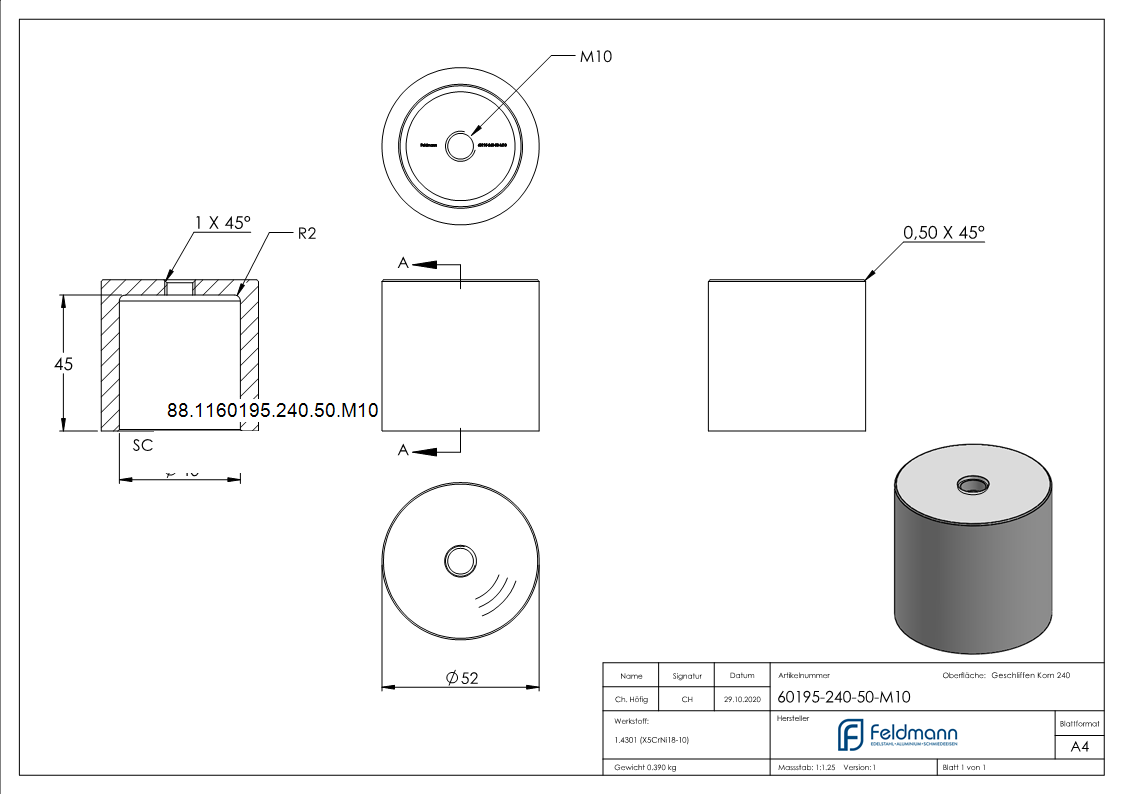 Glaspunkthalter-Unterteil Ø 52 mm- V2A- M10- Hoehe- 50 mm-88-1160195-240-50.M10