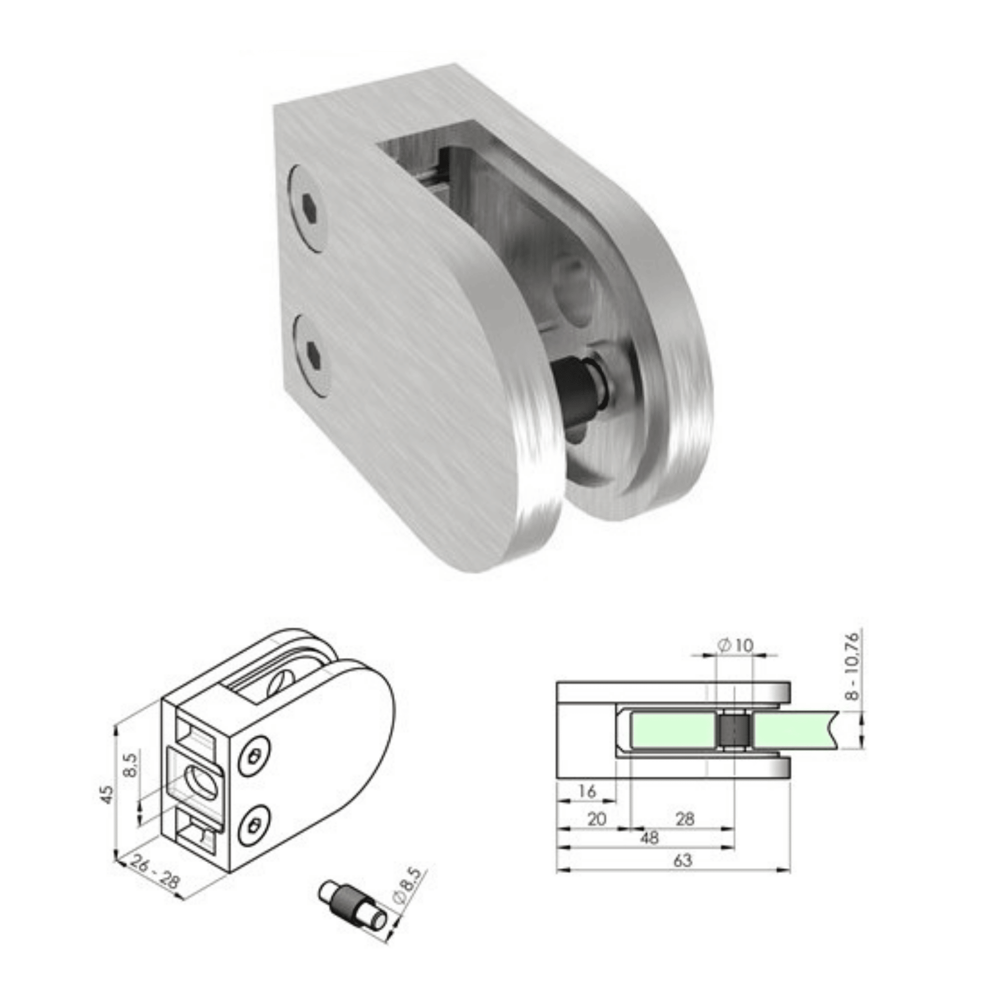 Glashalter V2A fuer 8-10-76 mm Glas geschliffen fuer Flachanschluss 4er Set-89-11A2200000SET4-A.4