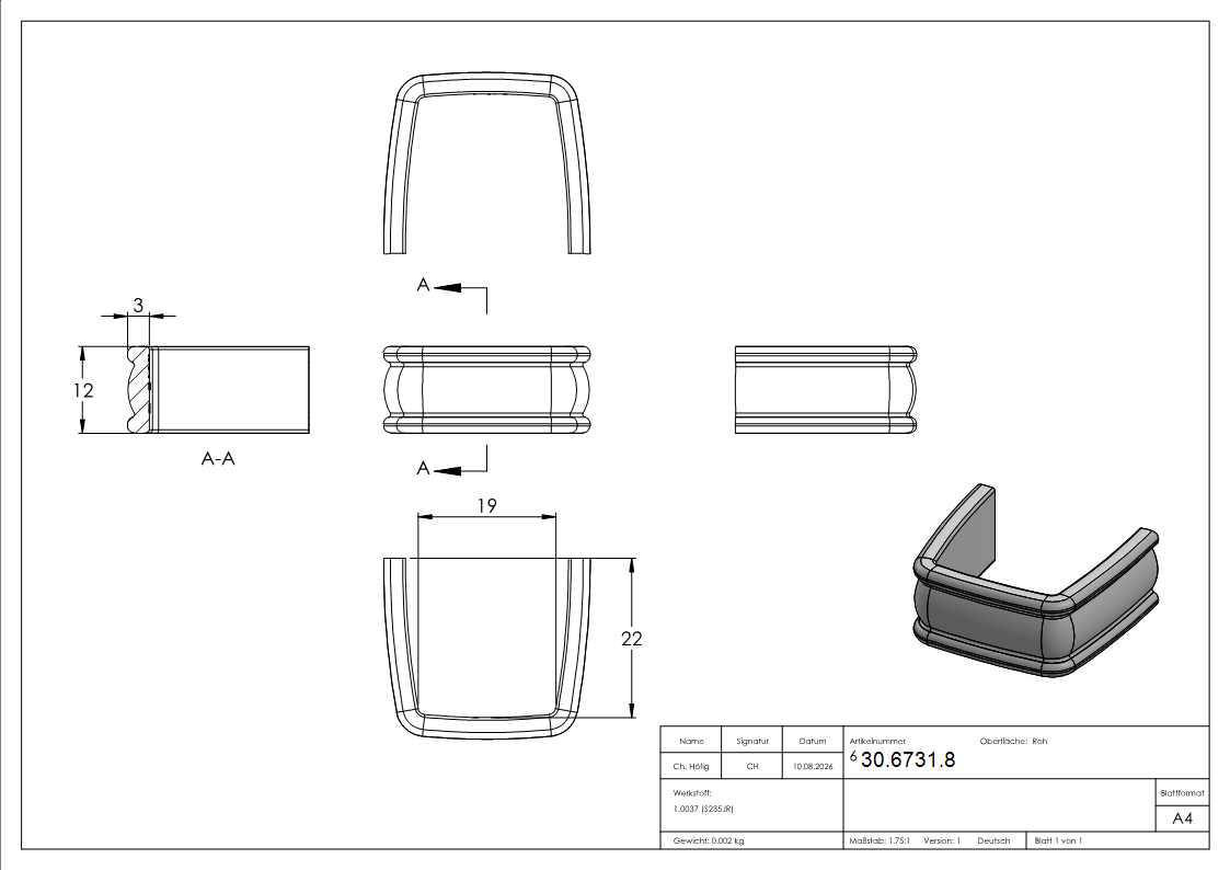 Bund - 1 Stueck - Material- 12x3 mm - Innenmass- 19x22 mm - Stahl -Roh- S235JR-30-6731.8