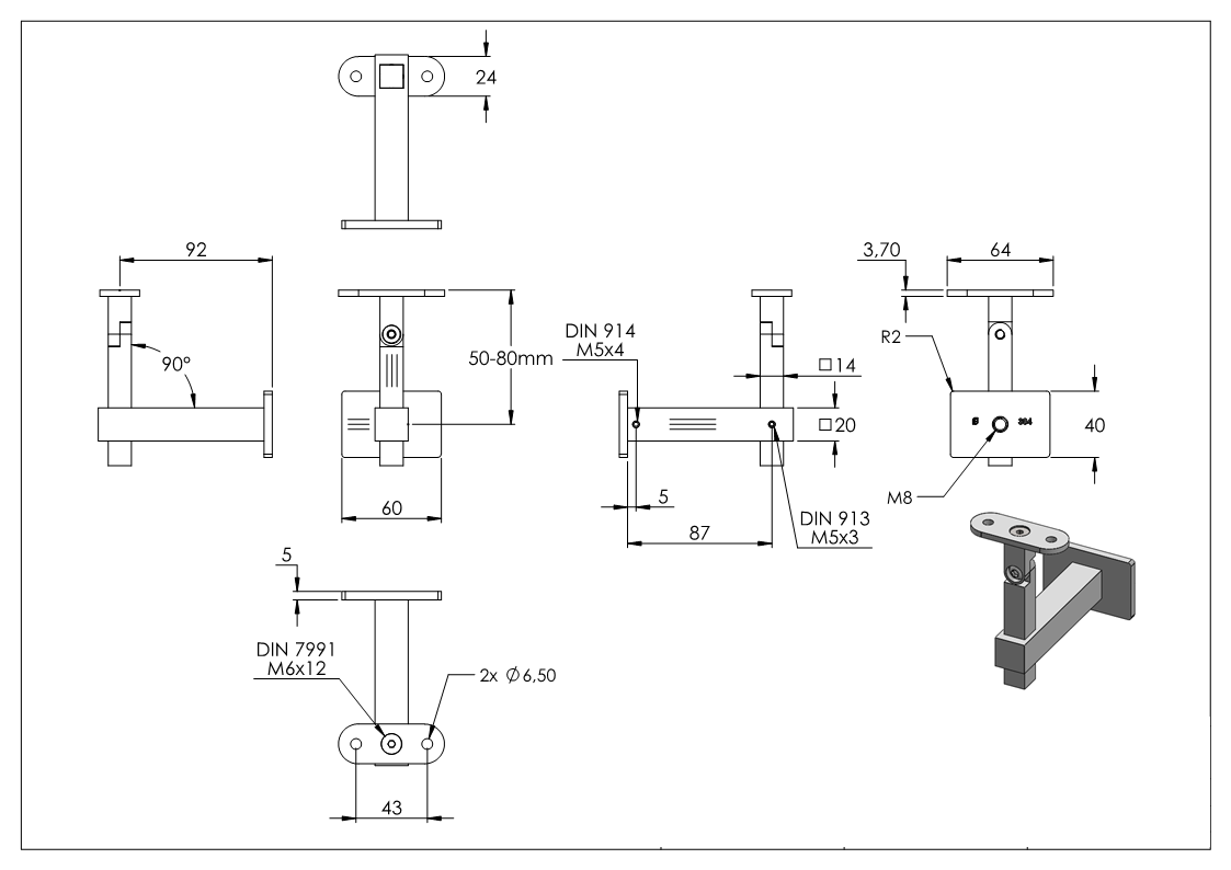 Handlaufhalter eckig mit gerader Halteplatte, V2A