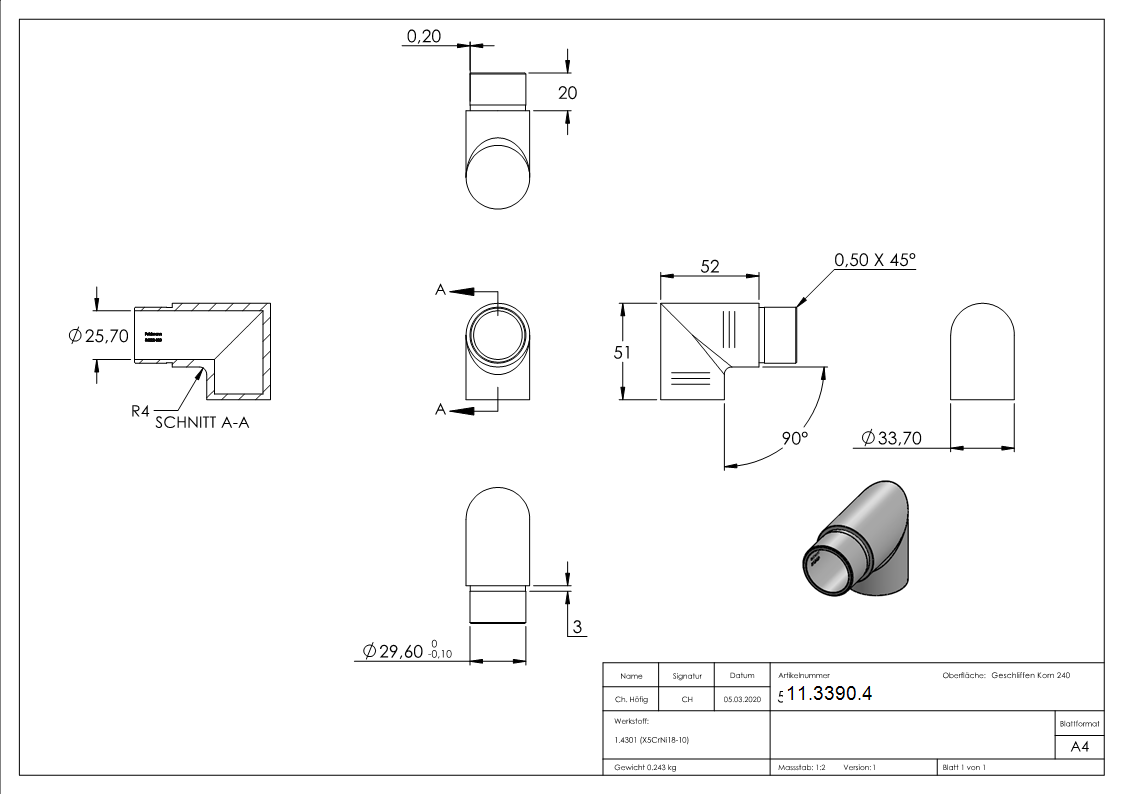 Endstück 90° flach-eckig, für Rundrohr Ø 33,7x2,0 mm V2A