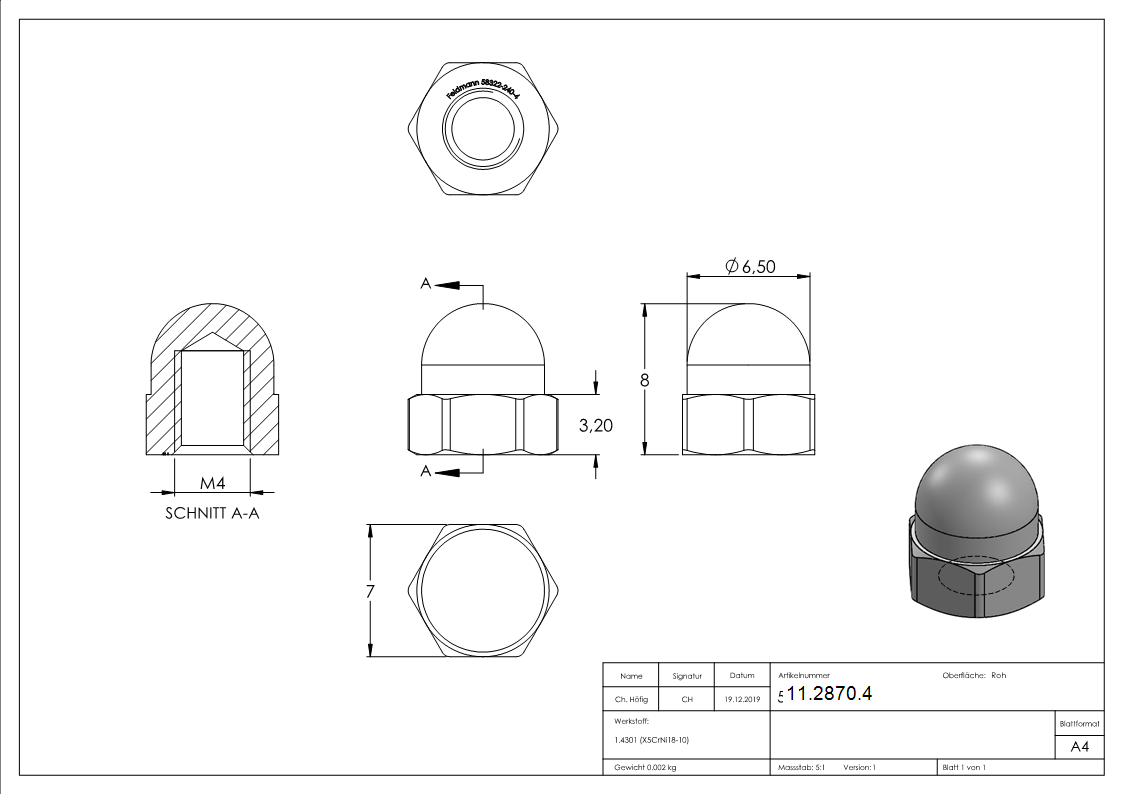 Hutmutter - Gewinde M4 - DIN 1587- A2 - V2A-11-2870.4