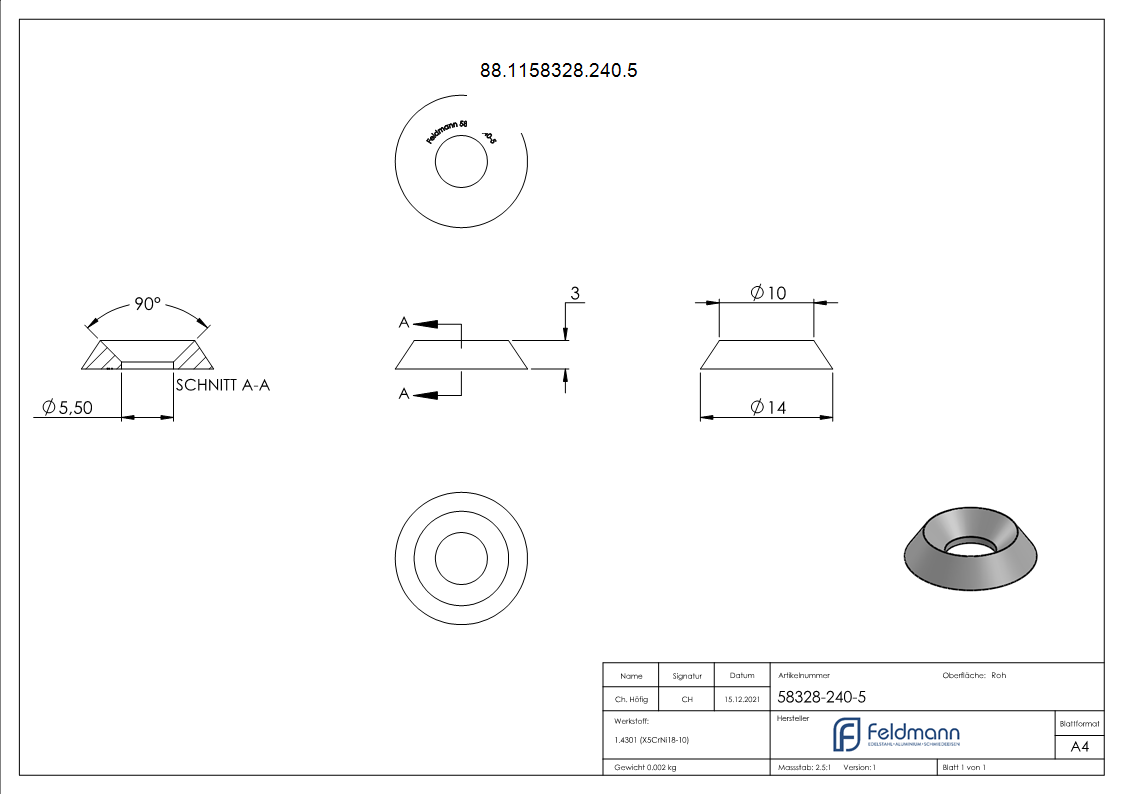 Schraubenrosette Edelstahl V2A fuer Senkschrauben M5 DIN 7991 - ISO 10642-88-1158328-240.5