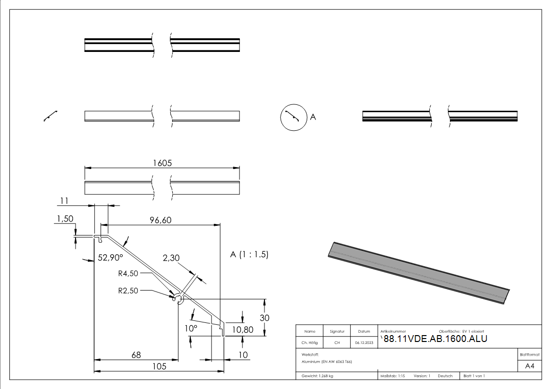 Abdeckung Aluminium L = 1605 mm fuer Vordachsystem eleganza canopy eloxiert E4-EV1-88-11VDE-AB-1600.ALU