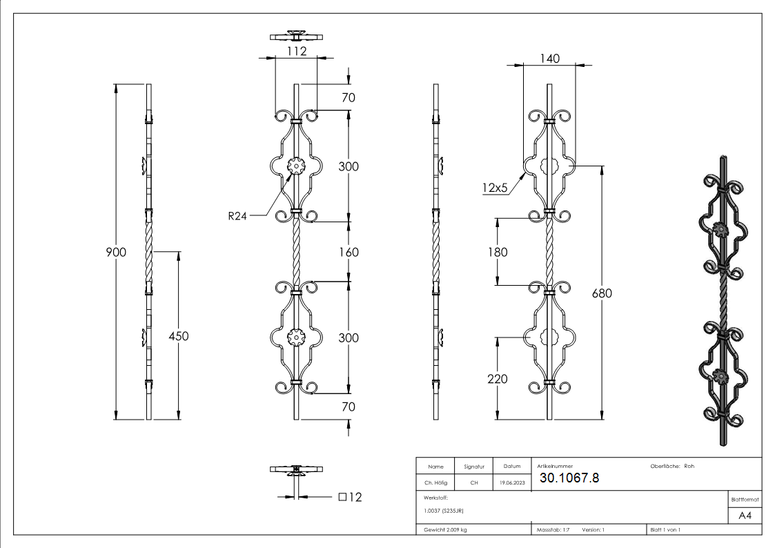 Zierstab | Länge: 900 mm | Material: 12x12 mm | glatt | Stahl (Roh) S235JR