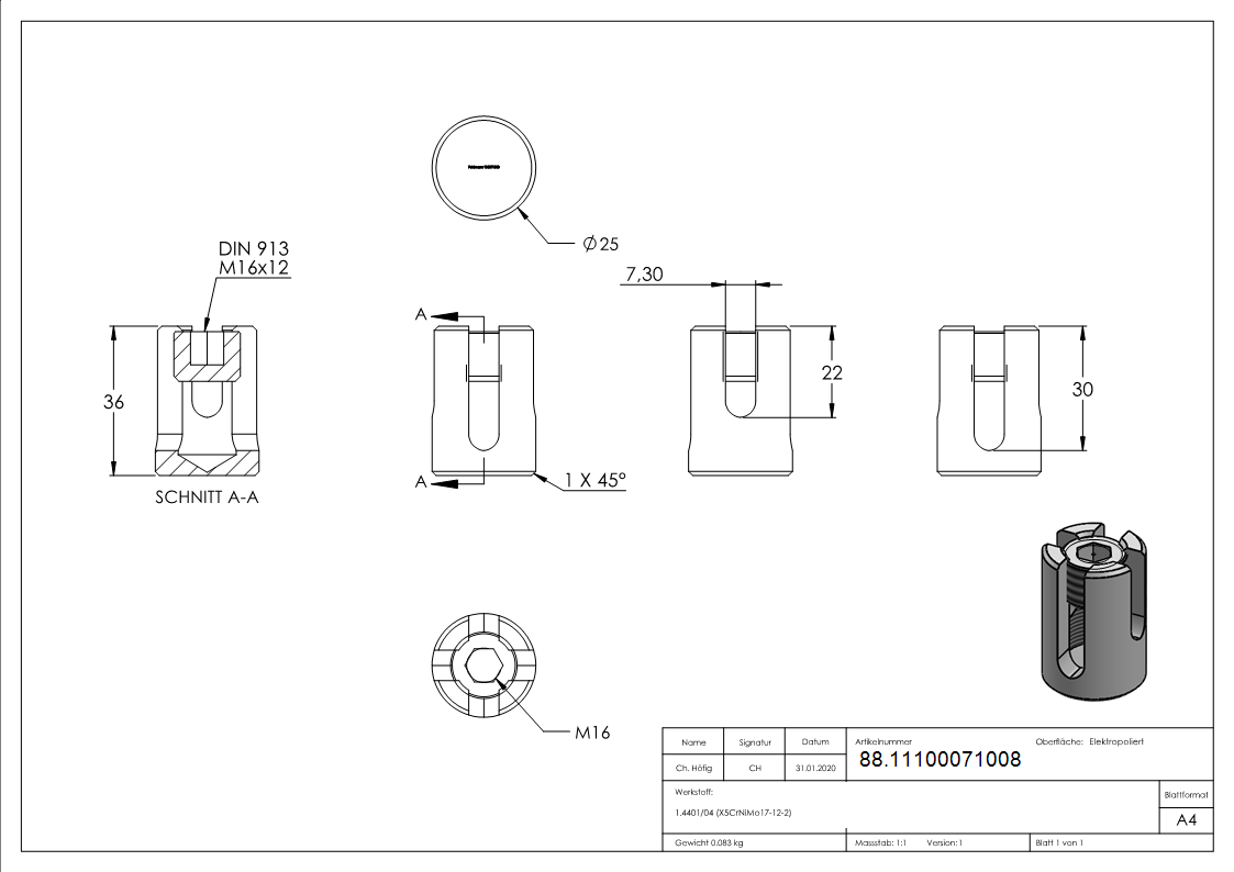 Kreuzklemme Edelstahl V4A fuer Seil Ø 8 mm-88.11100071008