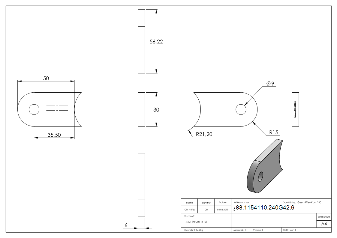Anschweißlasche 50x30x6 mm Rundloch Ø 9 mm V2A