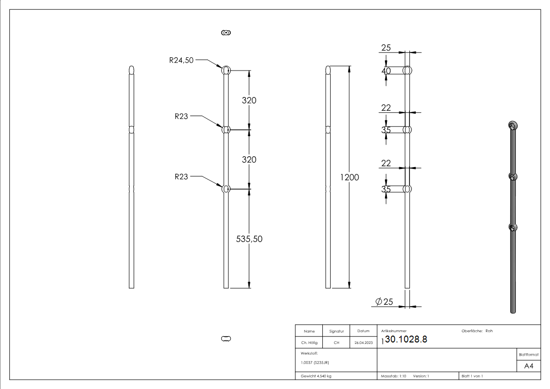 Anfangsstab Pfosten Laenge- 1200 mm Material- Ø 25 mm Stahl S235JR- roh-30-1028.8