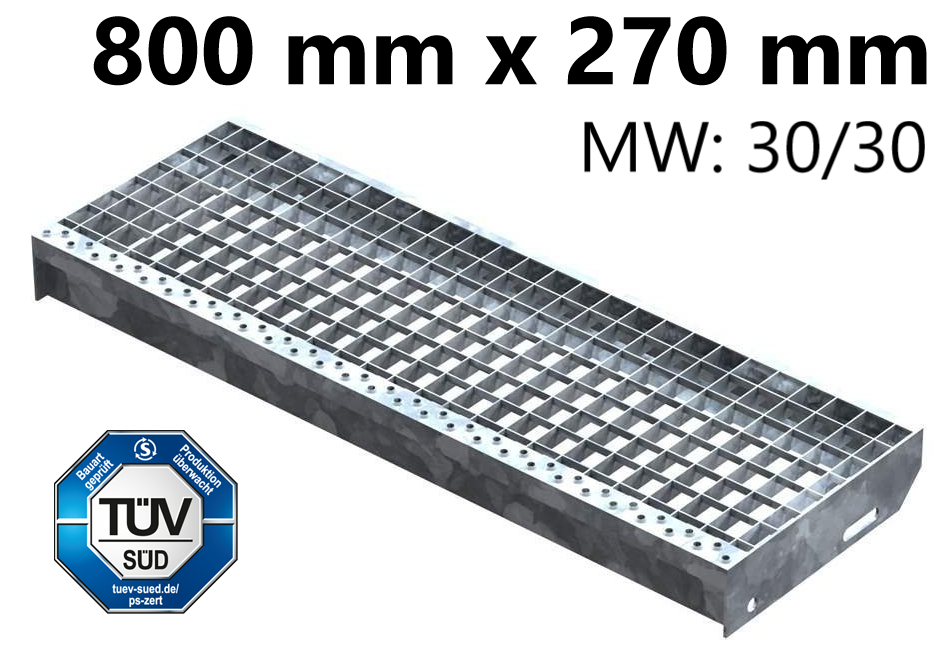 Gitterroststufe Treppenstufe Maße: 800x270 mm 30/30 mm R12 S235JR (St37-2), im Vollbad feuerverzinkt