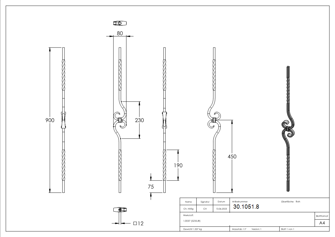 Zierstab | Länge: 900 mm | Material: 12x12 mm | glatt | Stahl (Roh) S235JR