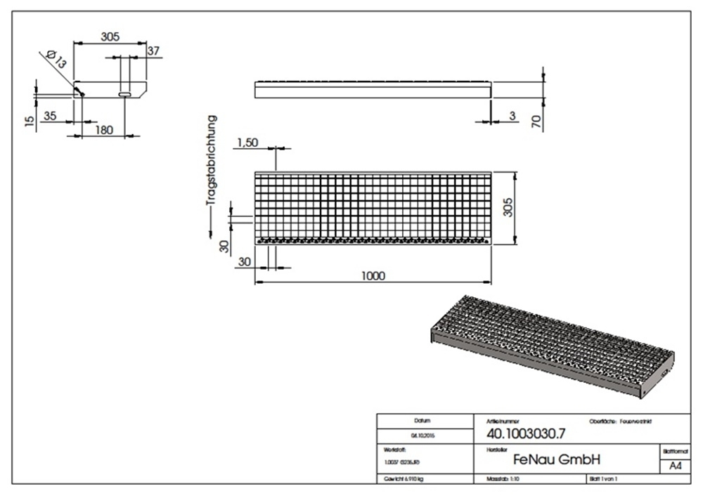 Gitterroststufe Treppenstufe Maße: 1000x305 mm 30/30 mm S235JR (St37-2), im Vollbad feuerverzinkt
