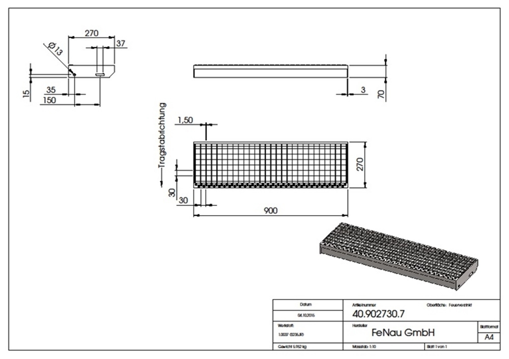 Gitterroststufe Treppenstufe | Maße: 900x270 mm 30/30 mm | S235JR (St37-2), im Vollbad feuerverzinkt