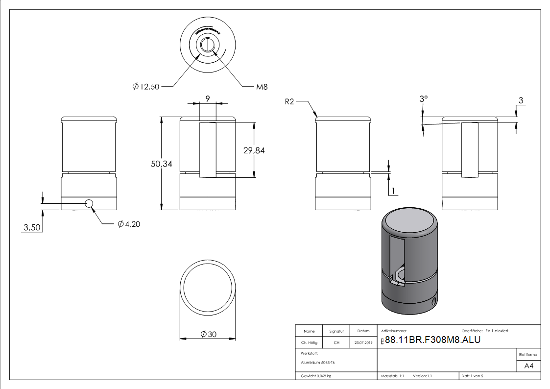 BRENK-fix® Grundhalter für Flachstäbe 30 x 8mm, ALU