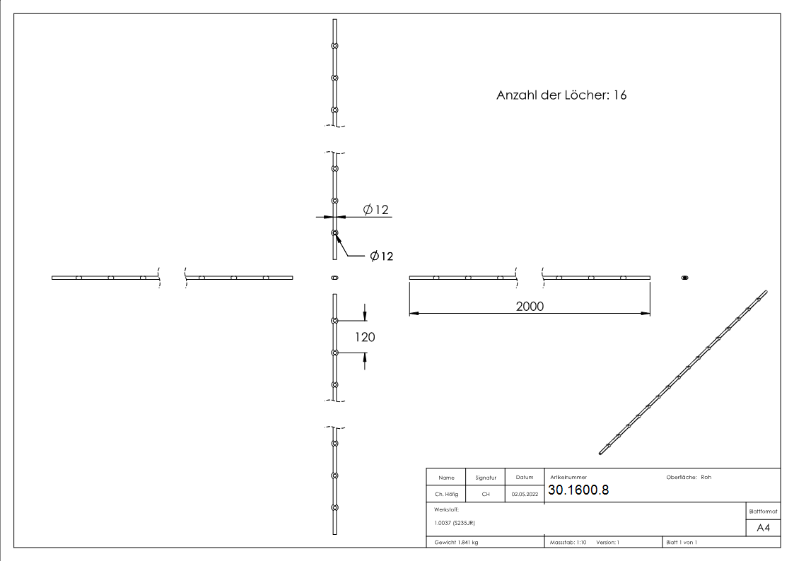 Lochleiste mit Rundloch Material- Ø 12 mm Laenge- 2000 mm Stahl -Roh- S235JR-30-1600.8