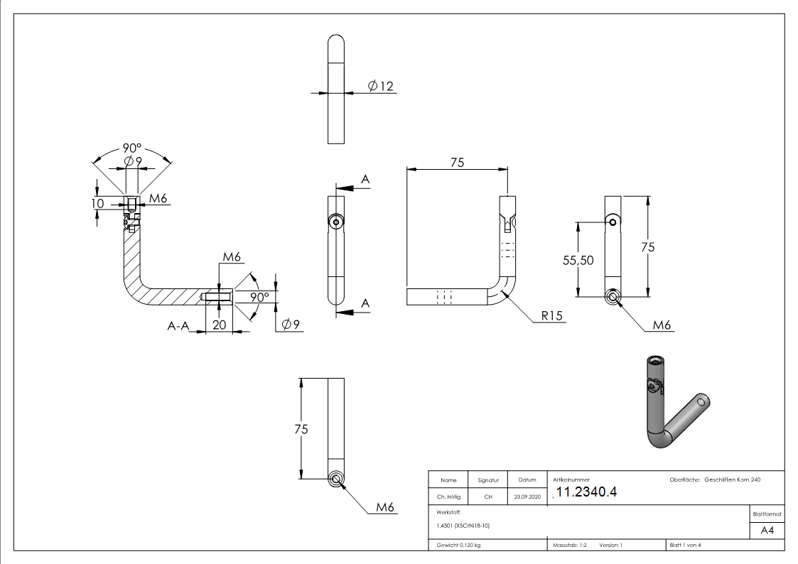 Bügel | Ø 12 mm | mit Gelenk und 2x Innengewinde: M6 | V2A