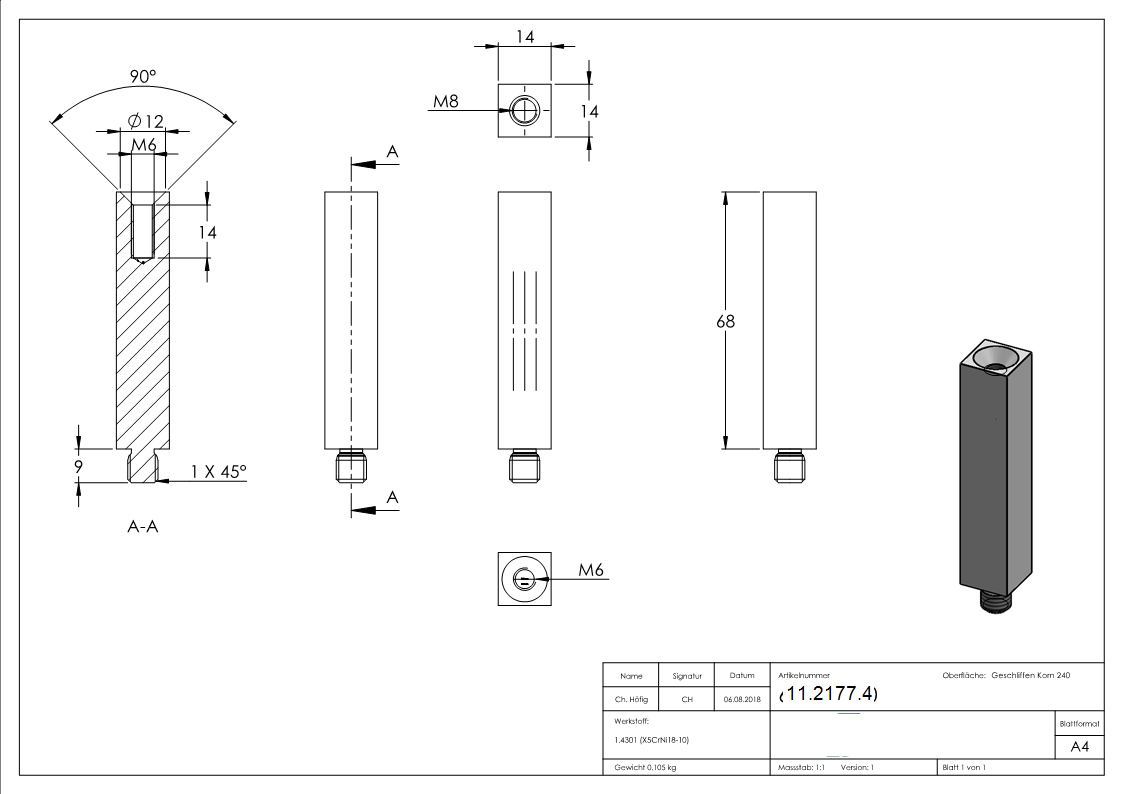 Vierkantstift | Maße: 68x14x14 mm | mit Außen - und Innengewinde | V2A