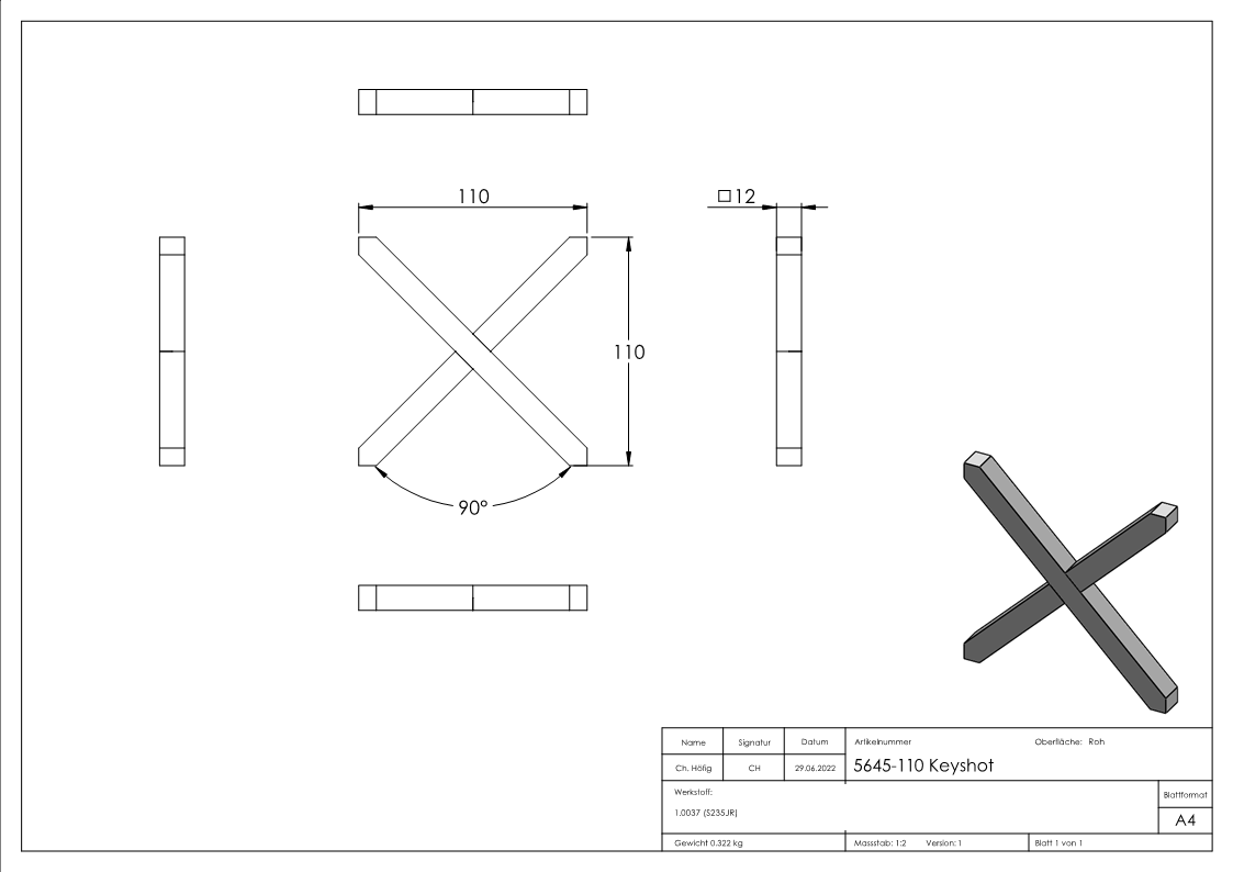 Kreuz | Material: 12x12 mm | Maße: 110x110 mm | Stahl S235JR, roh