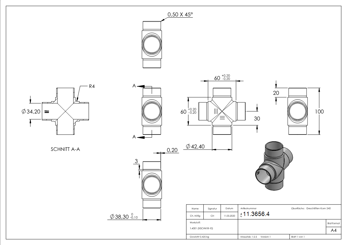 Kreuzstueck V2A fuer Rohr Ø 42-4 x 2-0 mm zum Stecken-11-3656.4
