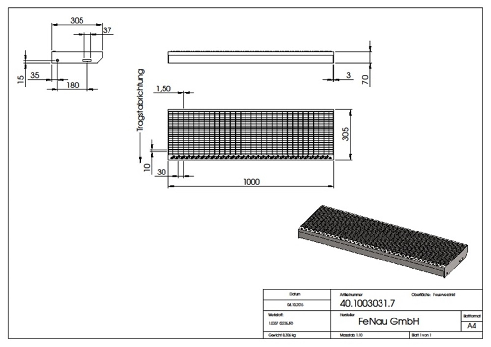 Gitterroststufe Treppenstufe Maße: 1000x305 mm 30/10 mm S235JR (St37-2), im Vollbad feuerverzinkt
