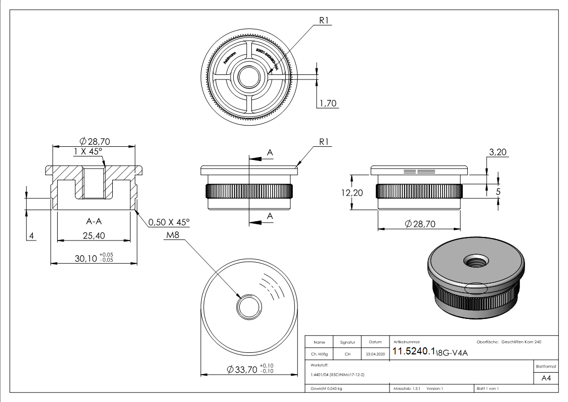 Einsteckkappe Edelstahl V4A fuer Rohr Ø 33-7 mm x 2-0 mm- Gewinde M8- flach-11-5240.1