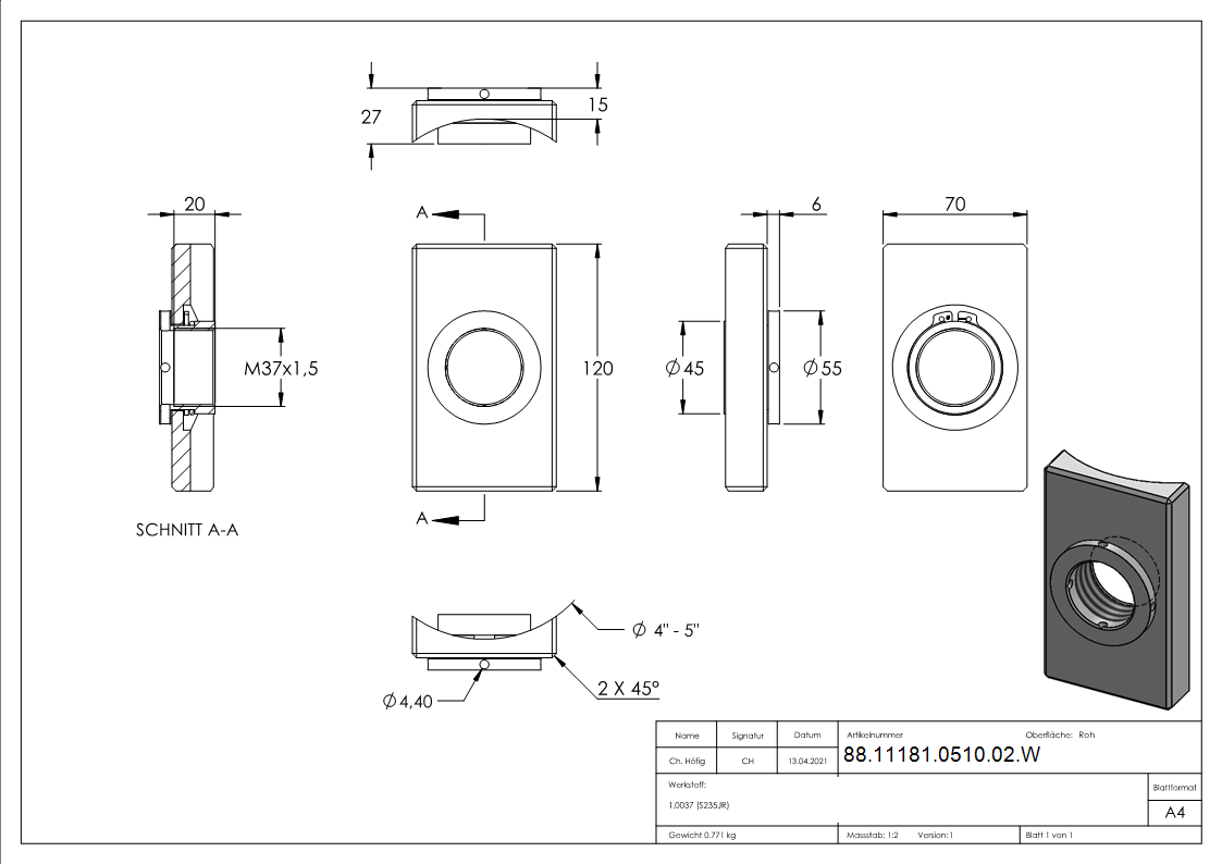 Montageplatte Eisen 70x120 mm eckig fuer Rundrohr zum Anschweissen-88-11181-0510-02.W